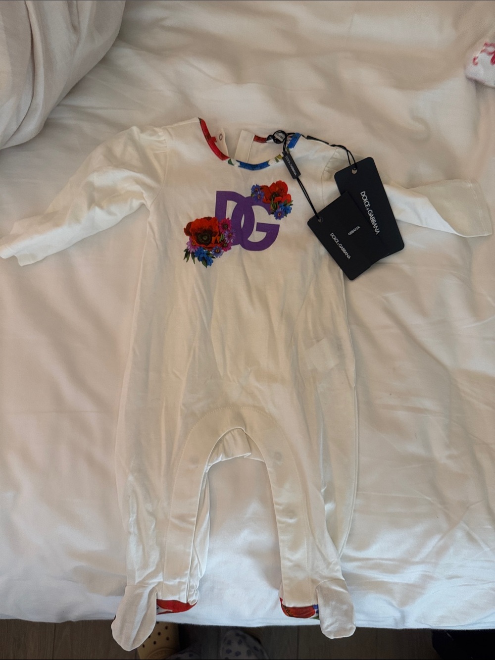 Dolce & Gabbana White Floral Logo Baby One-Piece